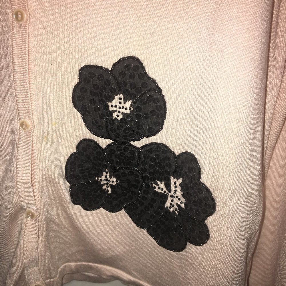 Tara Ryan Cardigan Size S Pale Pink Black Flowers - Picture 5 of 13